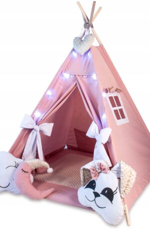 WIGWAM sátor szőnyeggel + 3 párnával + SZÍV alakú dísszel, PINK/BARNA EGYSZÍNŰ